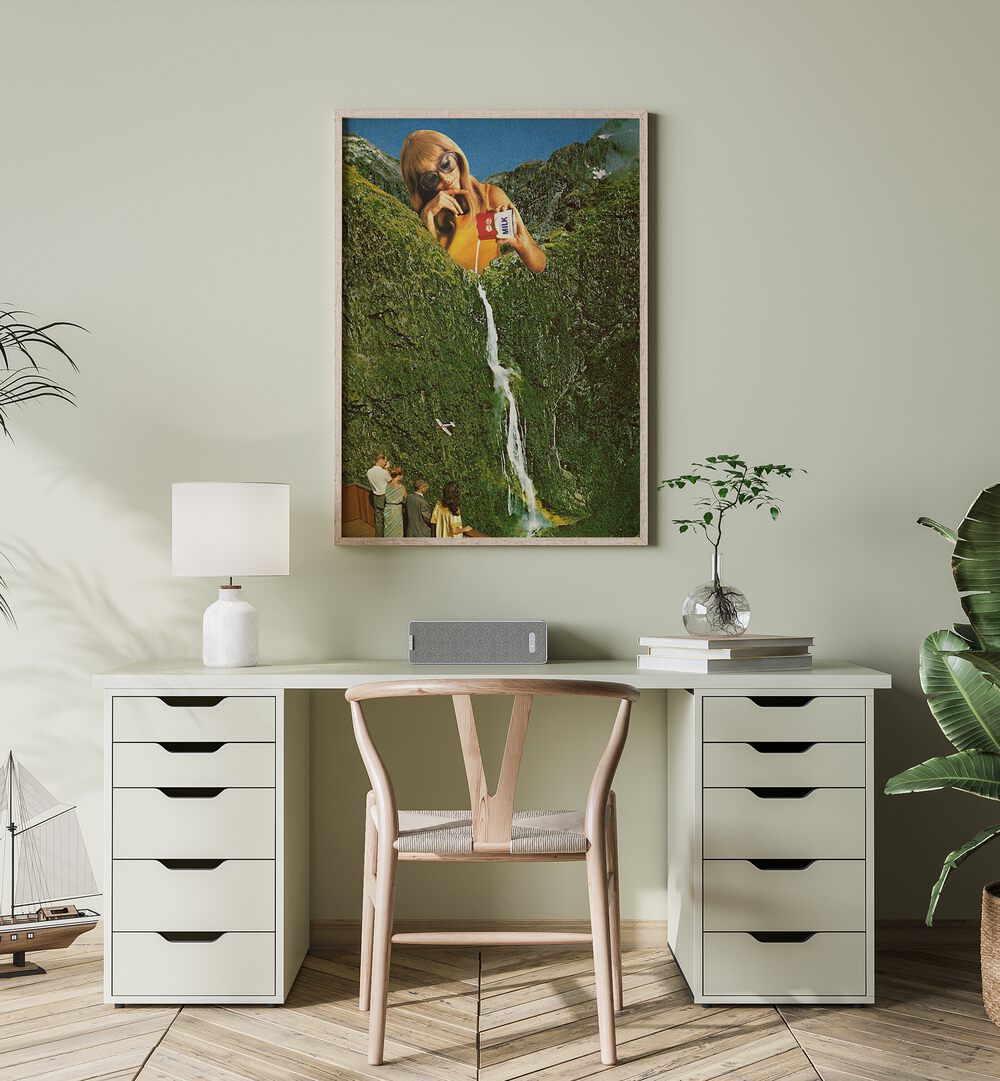 Milky Falls Surreal Art Painting Artwork in plain oakwood frame above study table 