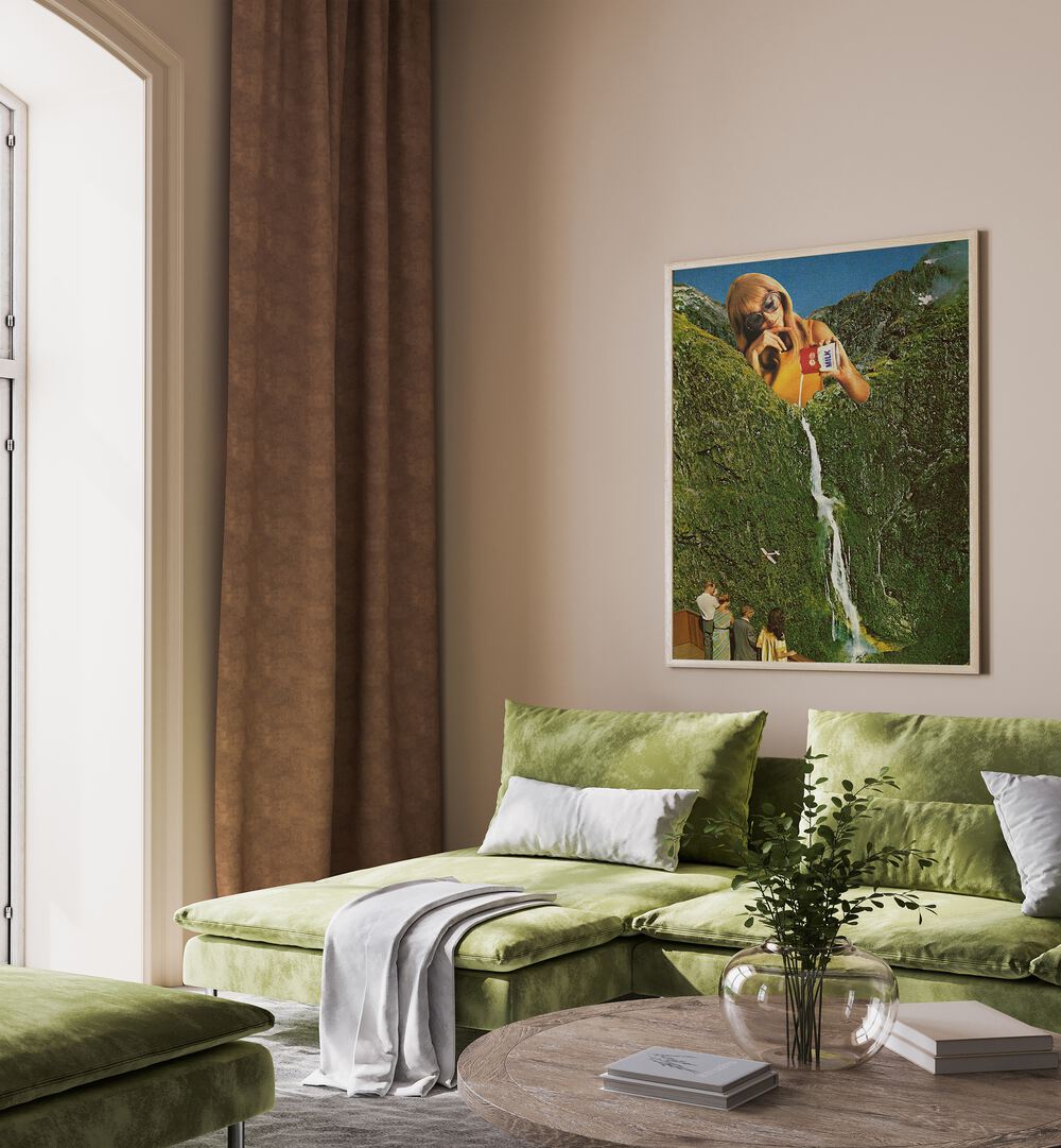 Milky Falls  Surreal Art Painting Artwork in plain oakwood frame behind green sofa 