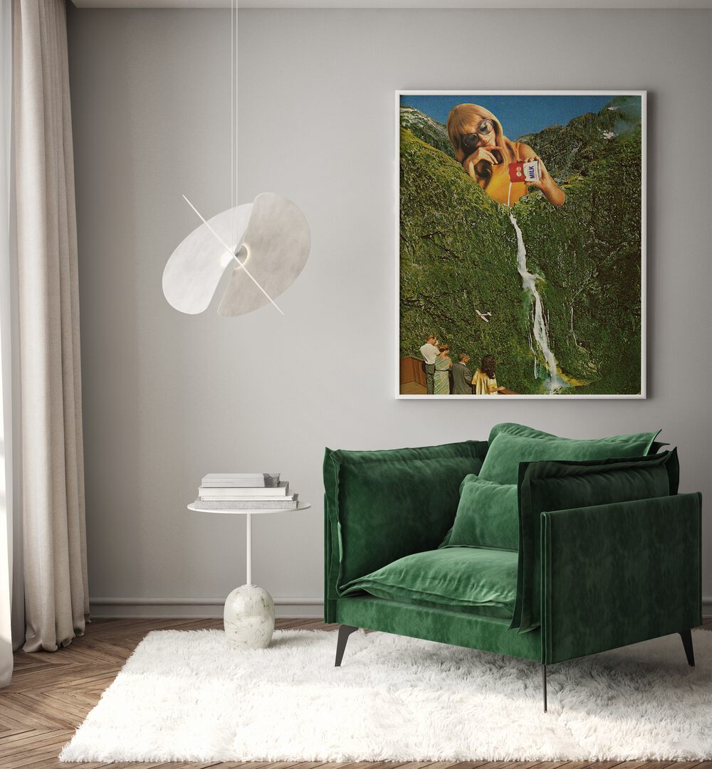 Milky Falls  Surreal Art Painting Artwork in plain white frame behind a green sofa 