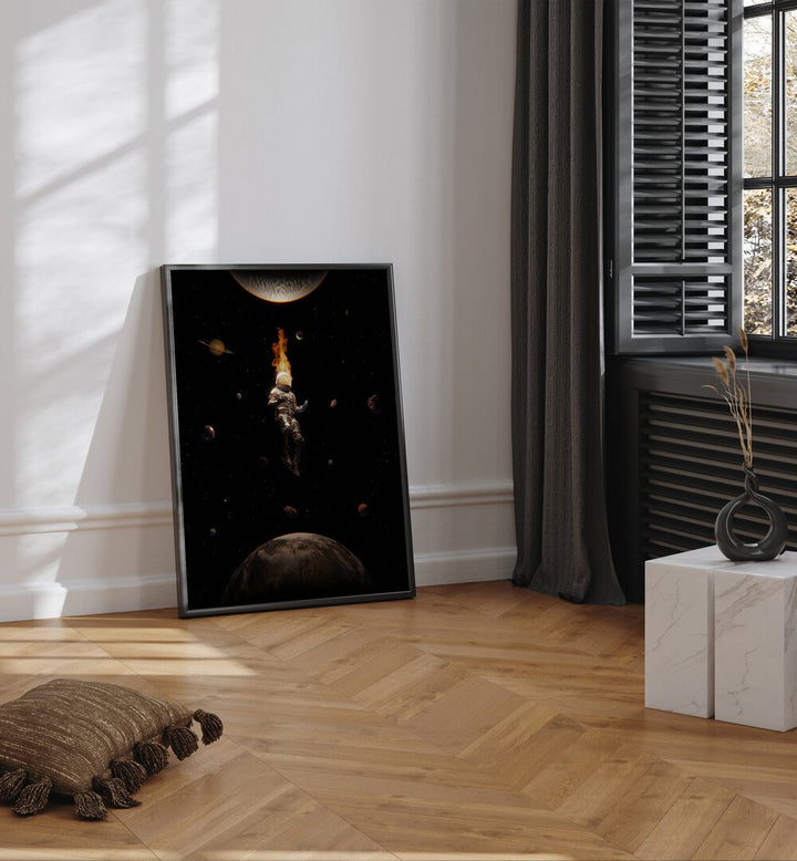 Mindful By Francis Minoza Astronaut & Nasa Paintings, Space Art Prints Artwork in Black Plain Frame placed on a Wooden Floor near a White Colored Wall in the Drawing Room
