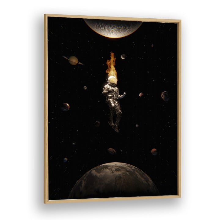 Mindful By Francis Minoza Astronaut & Nasa Paintings, Space Art Prints Artwork in Oak Wood Plain Frame
