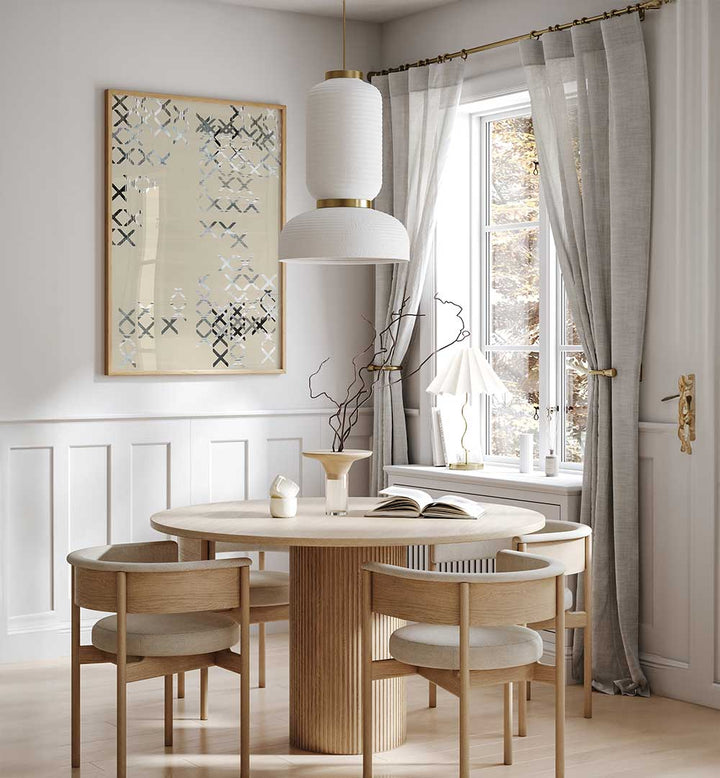Stylish dining area featuring MINIMAL COMPOSITION I, ABSTRACT PAINTINGS, enhancing elegance and contemporary aesthetics.