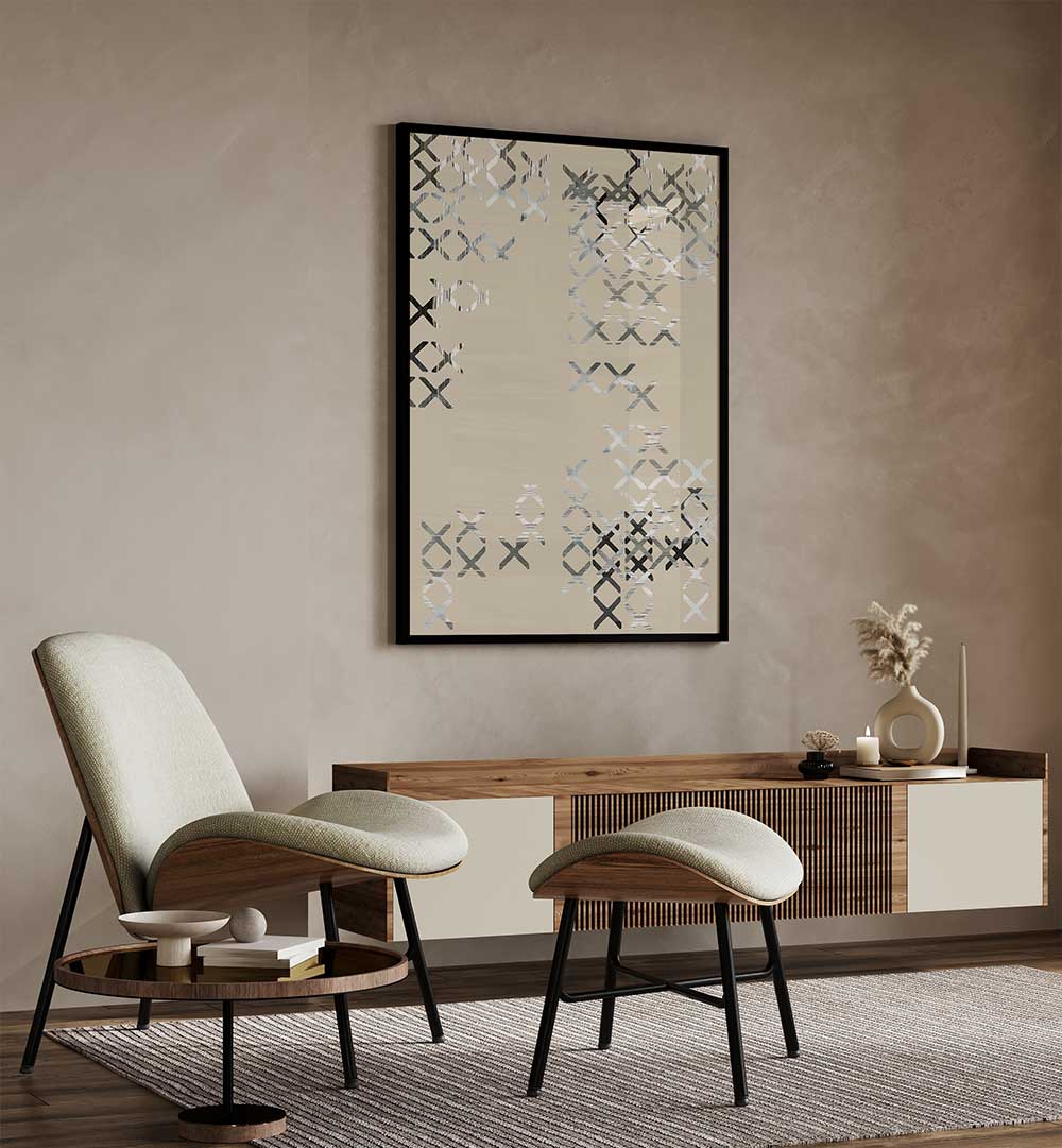Sophisticated living room featuring MINIMAL COMPOSITION I, ABSTRACT PAINTINGS, enhancing contemporary decor elegance.