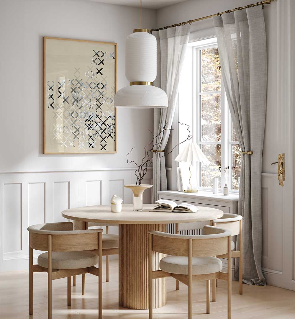 Stylish dining area featuring MINIMAL COMPOSITION III, ABSTRACT PAINTINGS, enhancing modern decor with vibrant elegance.
