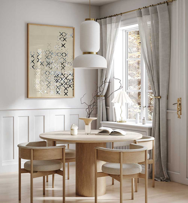 Stylish dining area featuring MINIMAL COMPOSITION III, ABSTRACT PAINTINGS, enhancing modern decor with vibrant elegance.