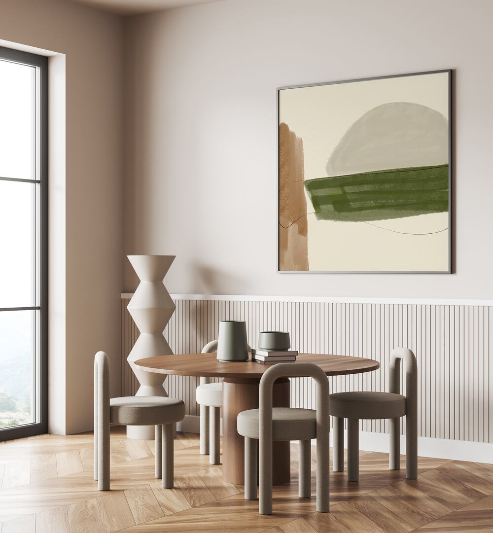 Stylish dining area featuring MINIMAL FALL, ABSTRACT PAINTINGS, enhancing modern decor with earthy tones.