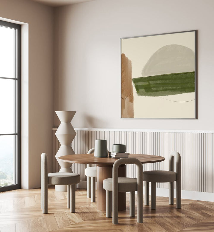 Stylish dining area featuring MINIMAL FALL, ABSTRACT PAINTINGS, enhancing modern decor with earthy tones.