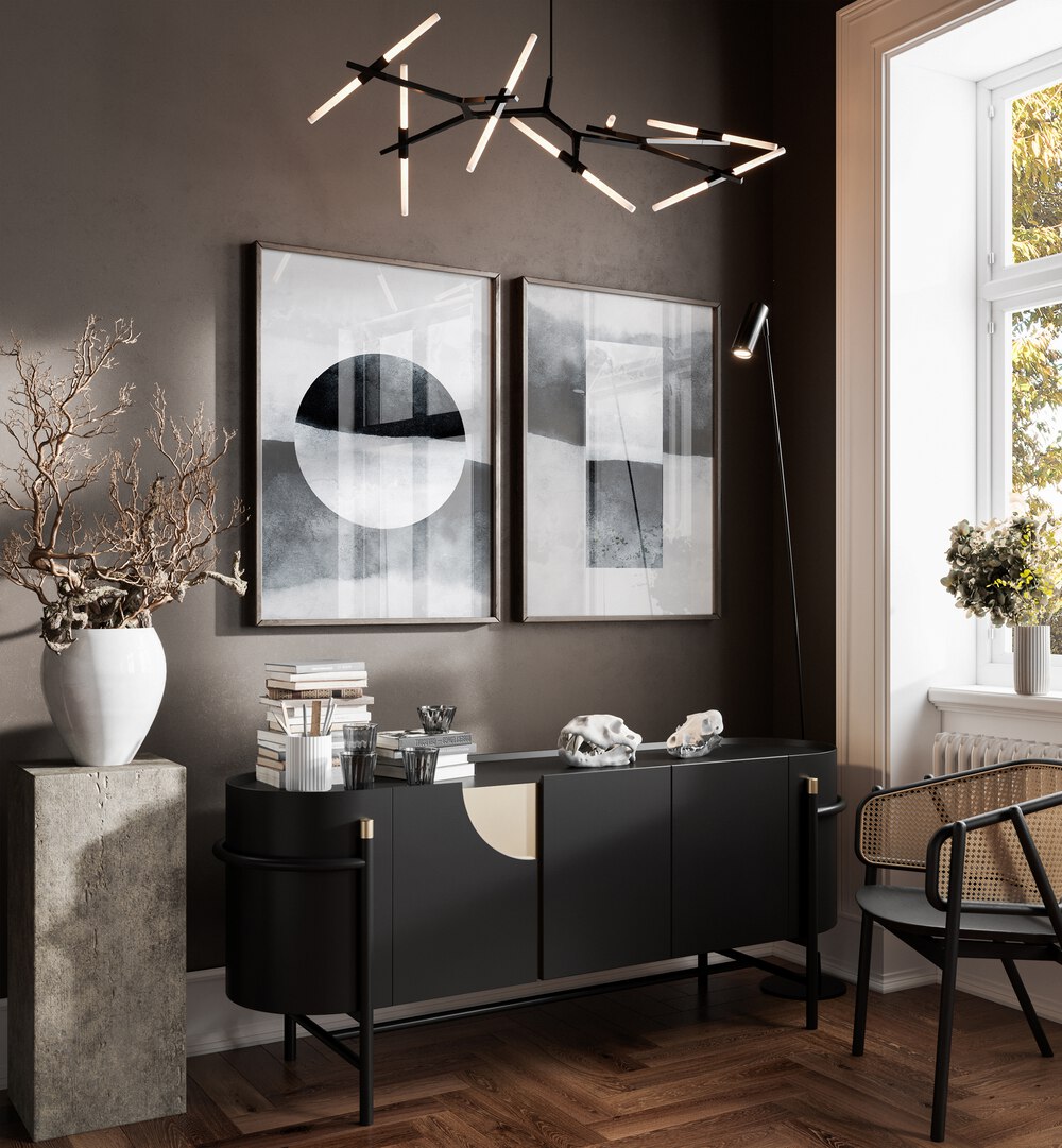 Stylish living room featuring the MINIMALIST GRAYSCALE HARMONY SET, SET OF 2 PAINTINGS for modern decor.