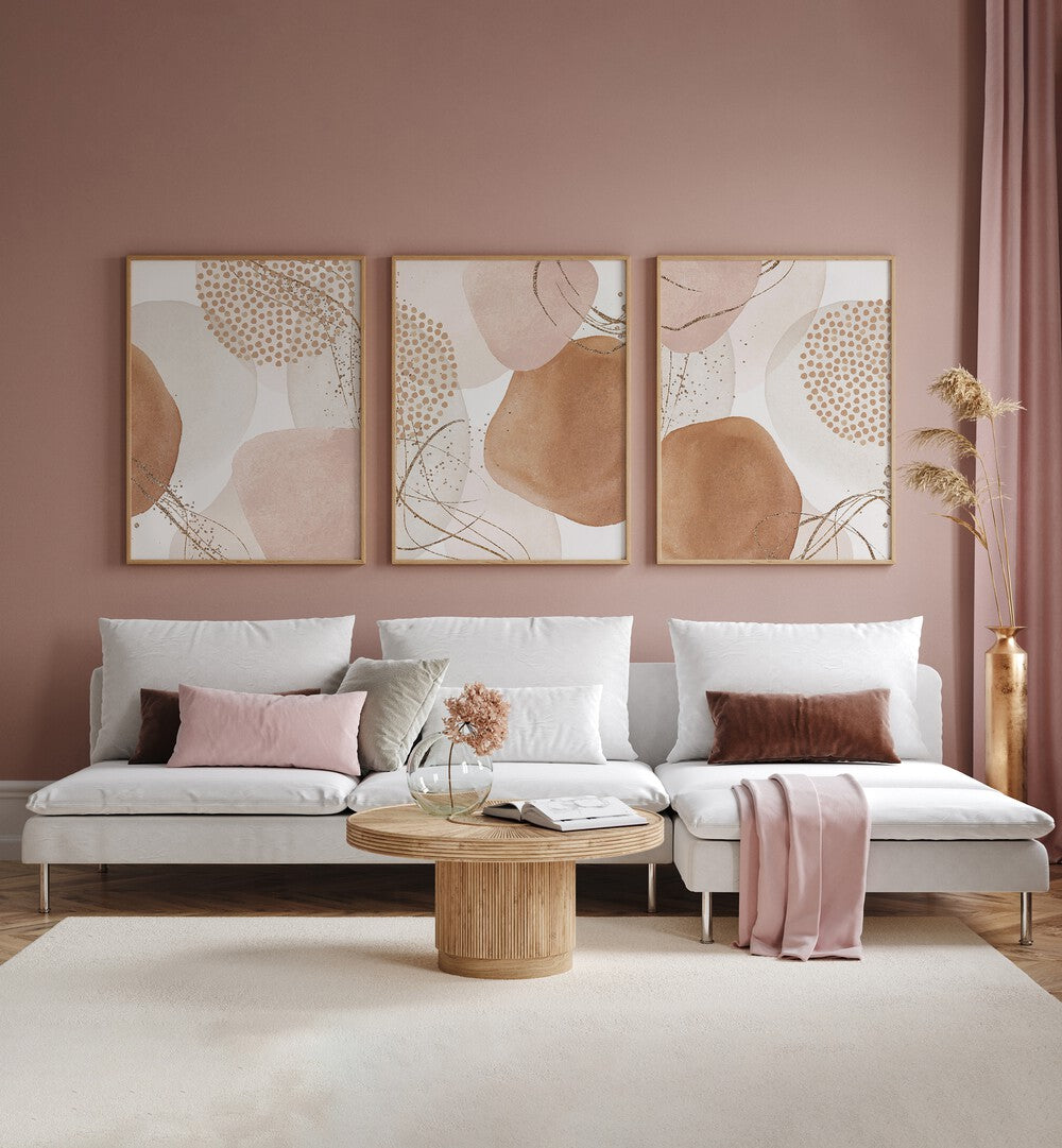 Transform your space with the MINIMAL WARMTH SET, SET OF 3 PAINTINGS featuring soft, muted colors and modern elegance.