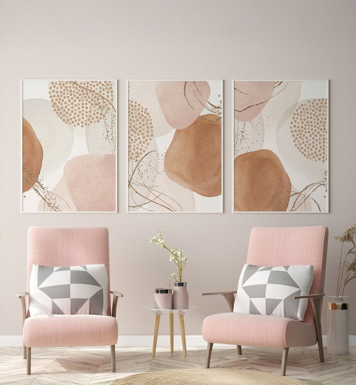 Beautifully arranged MINIMAL WARMTH SET, SET OF 3 PAINTINGS, enhancing modern living spaces with soft tones.