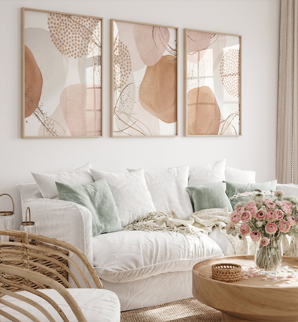 Transform your space with the MINIMAL WARMTH SET, SET OF 3 PAINTINGS featuring soft, muted colors for modern elegance.