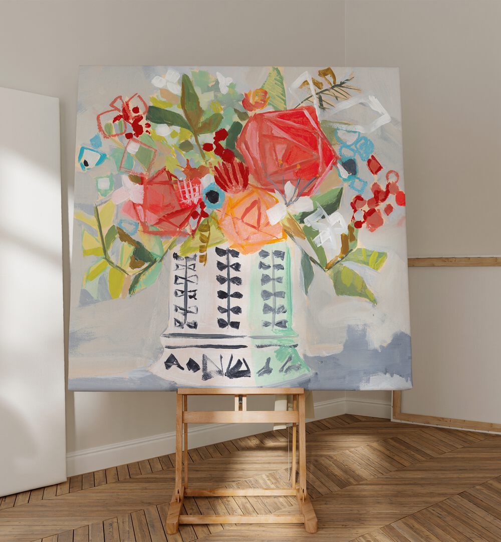Vibrant MIRANDA S BOUQUET, FLORAL FLOWER PAINTINGS showcasing abstract blooms, perfect for modern living spaces.