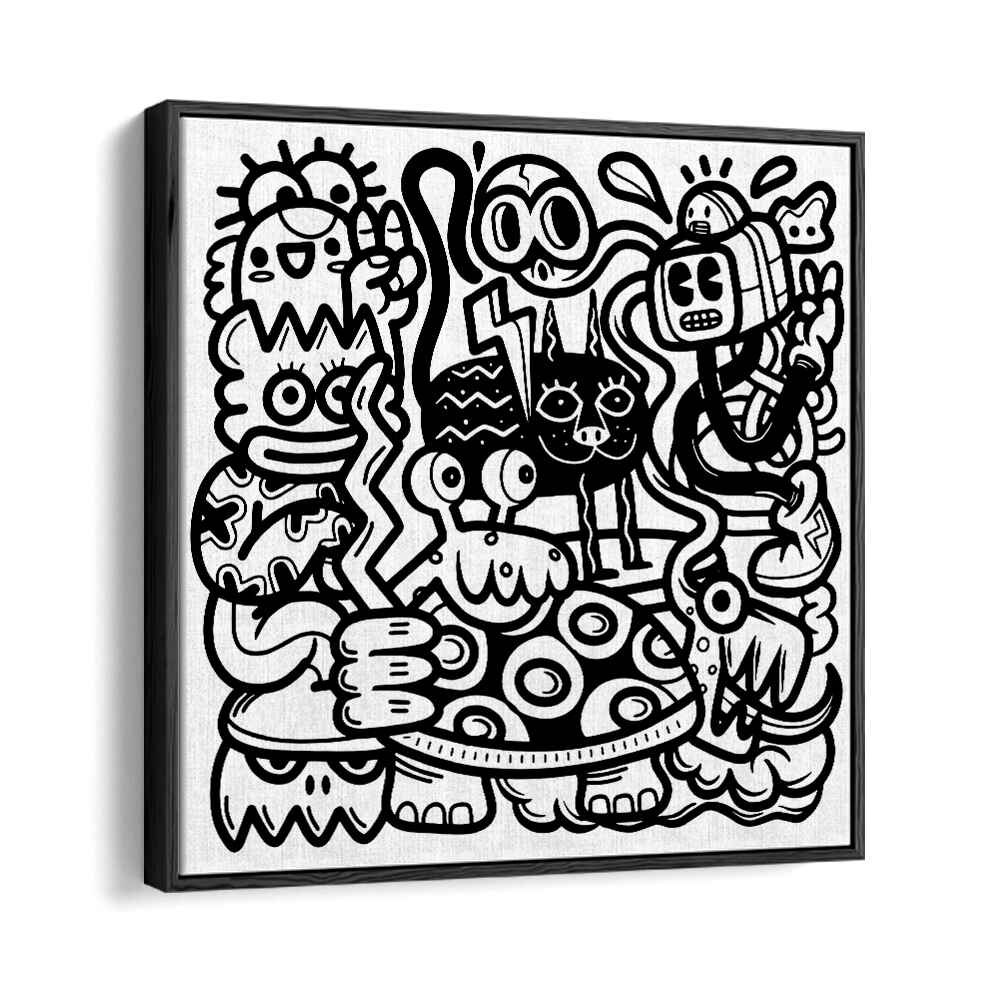 Mischievous Creatures Doodle Art Artwork in Black Floater Frame