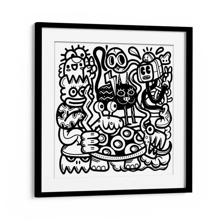 Mischievous Creatures Doodle Art Artwork in Black Frame With Mount