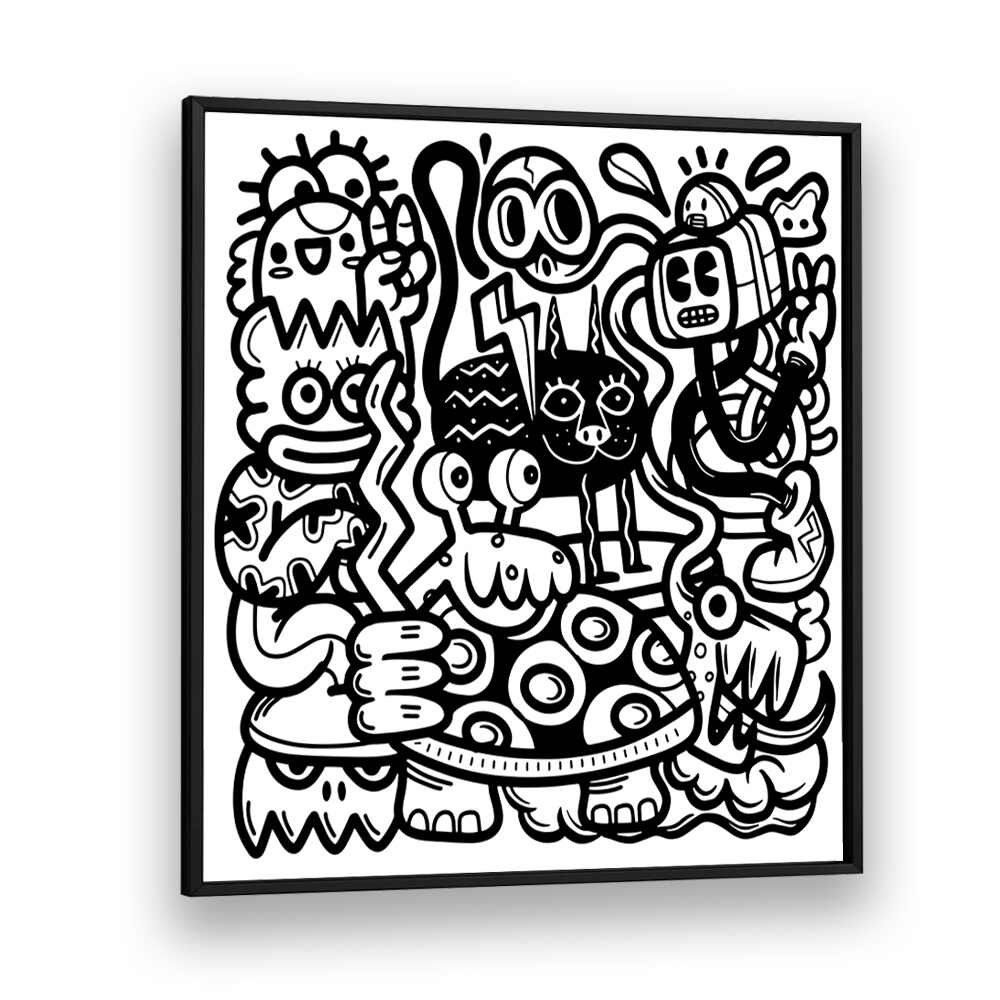 Mischievous Creatures Doodle Art Artwork in Black Plain Frame