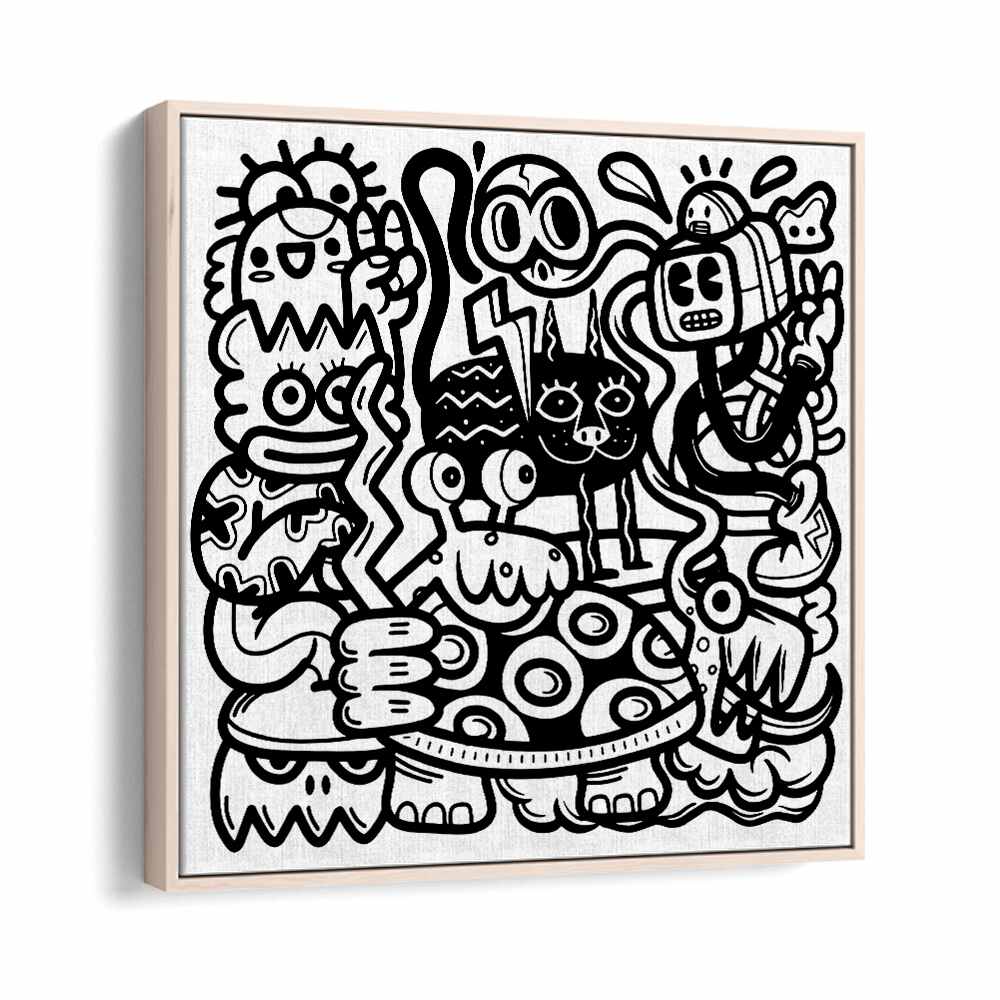 Mischievous Creatures Doodle Art Artwork in Oak Wood Floater Frame