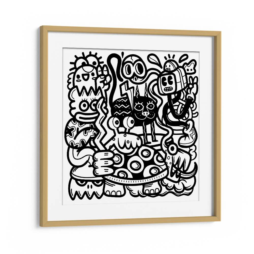 Mischievous Creatures Doodle Art Artwork in Oak Wood Frame With Mount