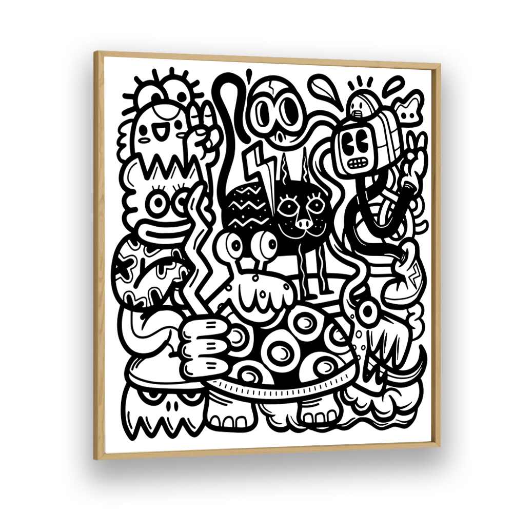 Mischievous Creatures Doodle Art Artwork in Oak Wood Plain Frame