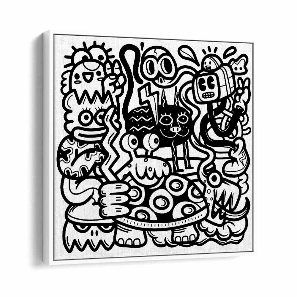 Mischievous Creatures Doodle Art Artwork in White Floater Frame