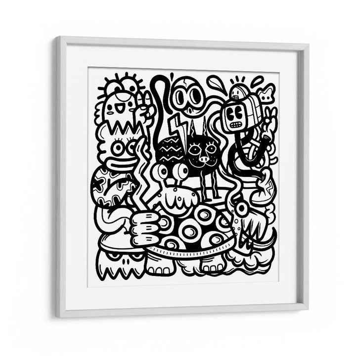 Mischievous Creatures Doodle Art Artwork in White Frame With Mount