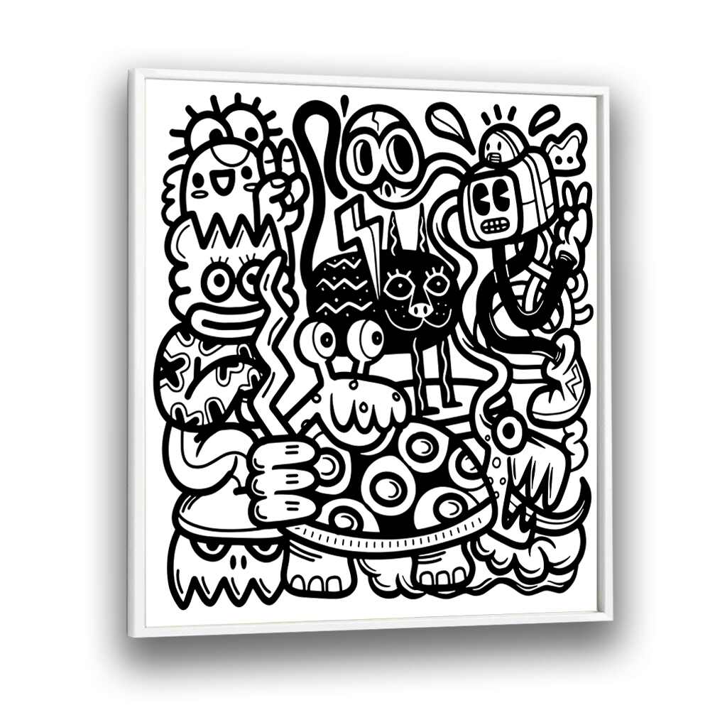 Mischievous Creatures Doodle Art Artwork in White Plain Frame