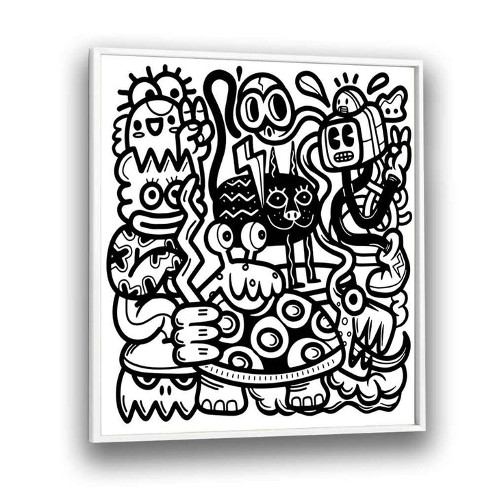 Mischievous Creatures Doodle Art Artwork in White Plain Frame