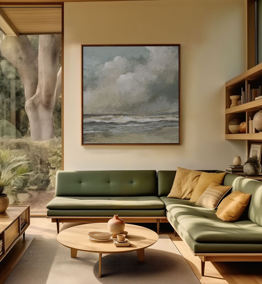 MISTY BEACH, ABSTRACT PAINTINGS adorns a stylish living room, bringing serene coastal beauty to your space.