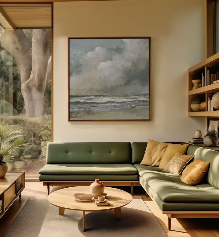 MISTY BEACH, ABSTRACT PAINTINGS adorns a stylish living room, bringing serene coastal beauty to your space.