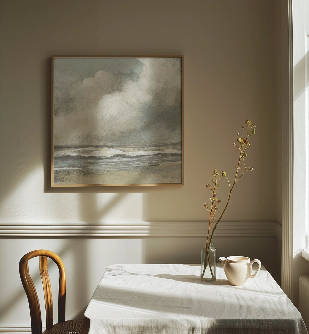 MISTY BEACH, ABSTRACT PAINTINGS adorns a cozy room, blending soft hues and serene coastal beauty. Perfect for any space.