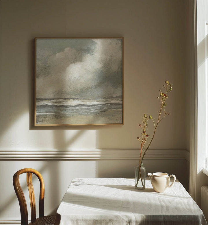 MISTY BEACH, ABSTRACT PAINTINGS adorns a cozy room, blending soft hues and serene coastal beauty. Perfect for any space.