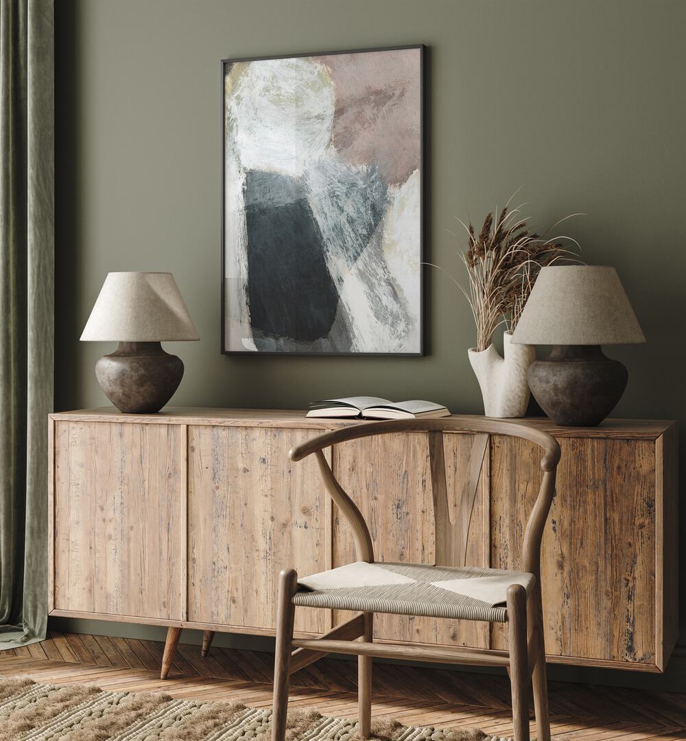 Stylish living room featuring MODE, ABSTRACT PAINTINGS, enhancing the space with vibrant colors and modern design.