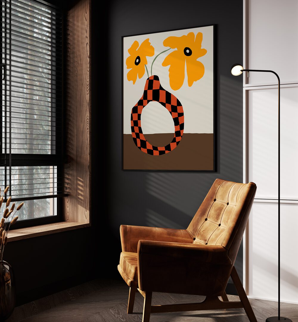 Modern Pottery And Flower, Botanical Art Paintings Artwork in Black Plain Frame
placed on a Dark Grey Colored Wall
in the Drawing Room
