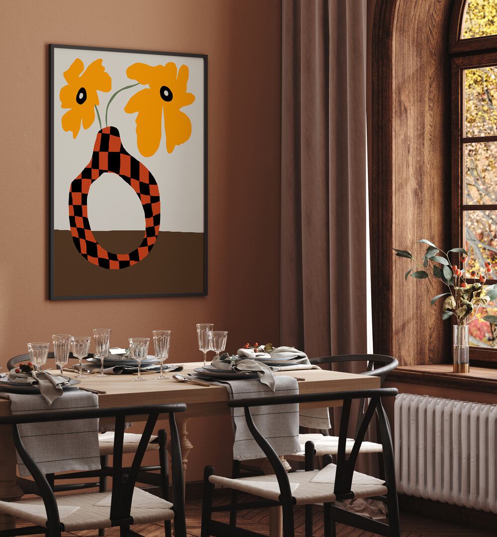 Modern Pottery And Flower, Botanical Art Paintings Artwork in Black Plain Frame
placed on a Brown Colored Wall
near a Dining Table
in the Dining Room
