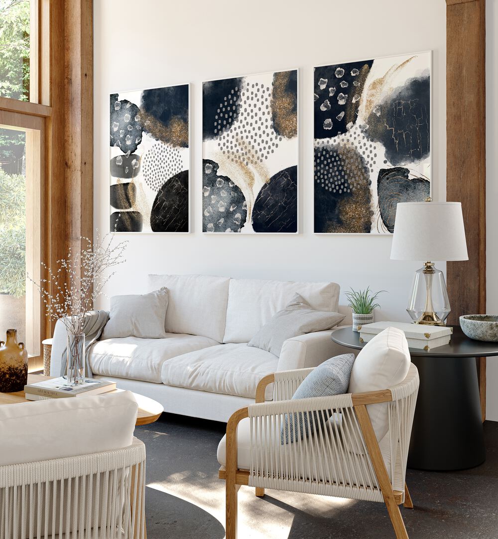 Enhance your space with the MODERN ABSTRACT BLACK AND GOLD SET, SET OF 3 PAINTINGS, perfect for elegant decor.