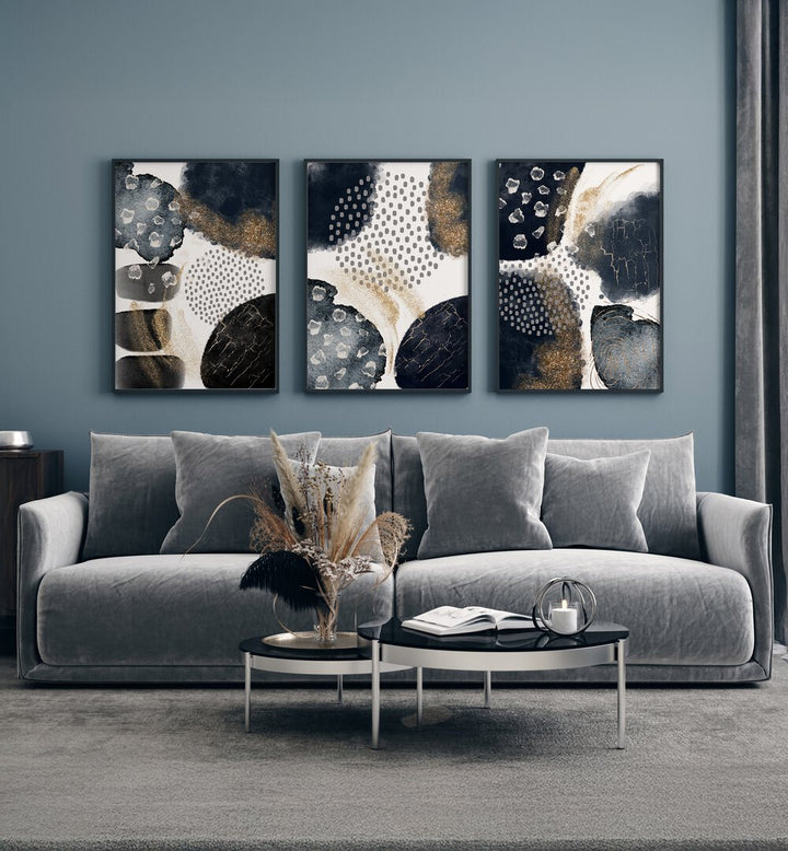 Enhance your space with the MODERN ABSTRACT BLACK AND GOLD SET, SET OF 3 PAINTINGS, showcasing elegance and sophistication.