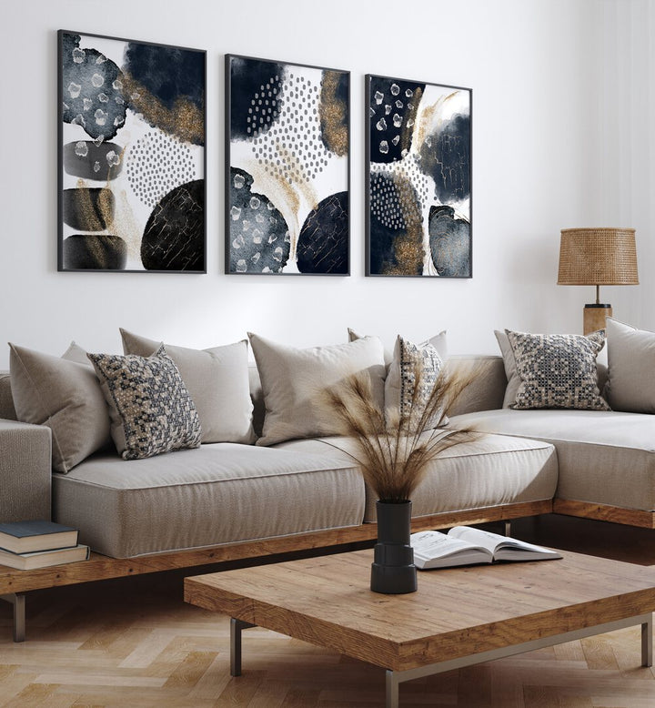 Elevate your space with the MODERN ABSTRACT BLACK AND GOLD SET, SET OF 3 PAINTINGS, adding elegance to any room.