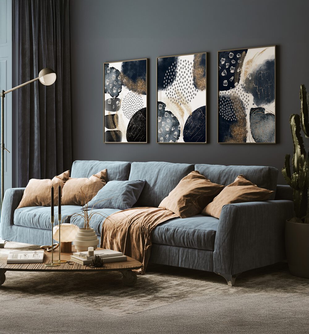 Stylish MODERN ABSTRACT BLACK AND GOLD SET, SET OF 3 PAINTINGS enhances elegance in contemporary home decor.
