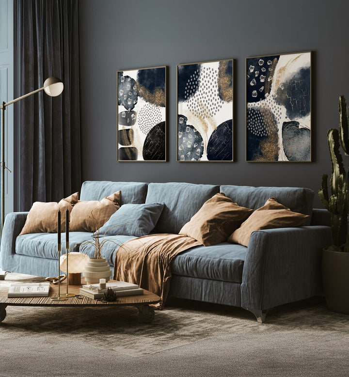 Stylish MODERN ABSTRACT BLACK AND GOLD SET, SET OF 3 PAINTINGS enhances elegance in contemporary home decor.