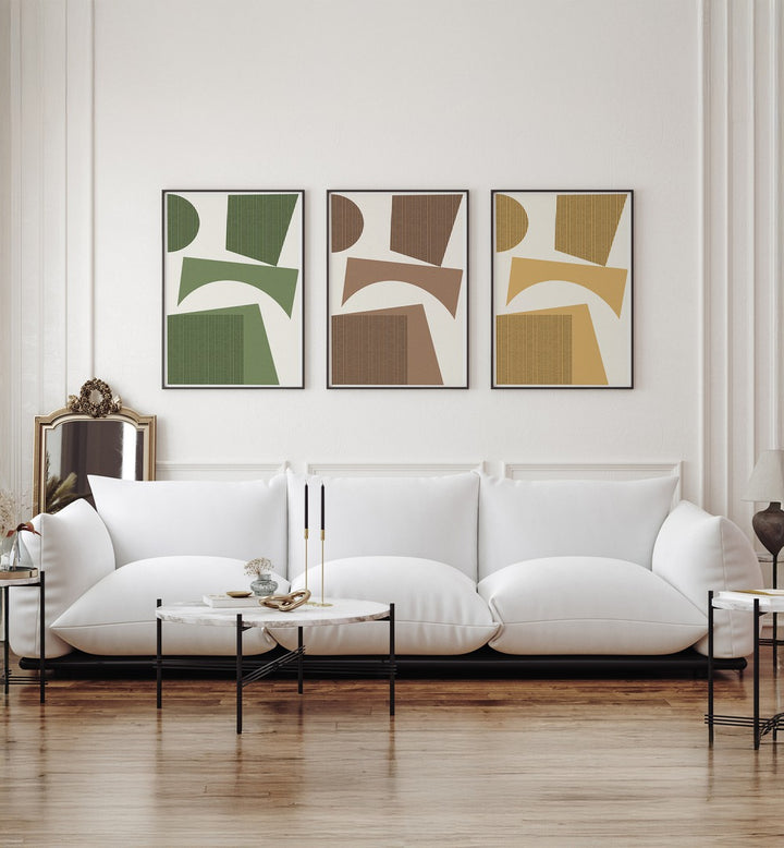 MODERN ABSTRACT SHAPES SET , SET OF 3 PAINTINGS