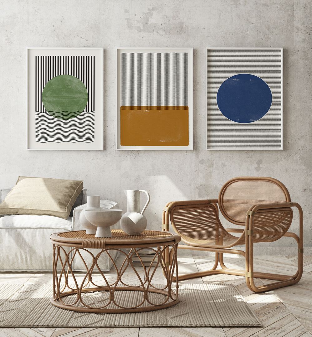 MODERN GEOMETRIC LINES AND SHAPES SET , SET OF 3 PAINTINGS