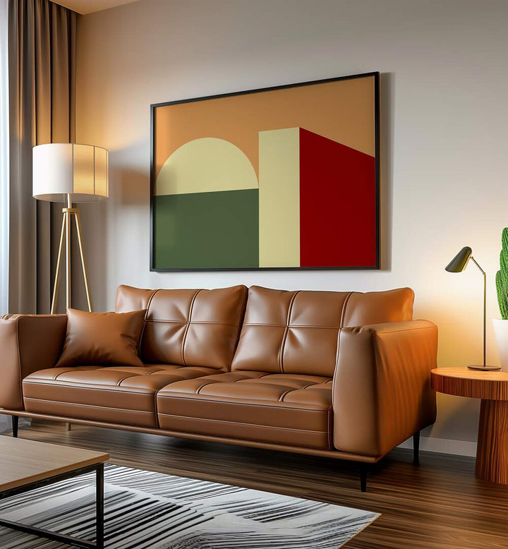 Stylish living room featuring MODERN TERRA SHAPES, GEOMETRIC ART PRINTS on the wall, enhancing contemporary decor.