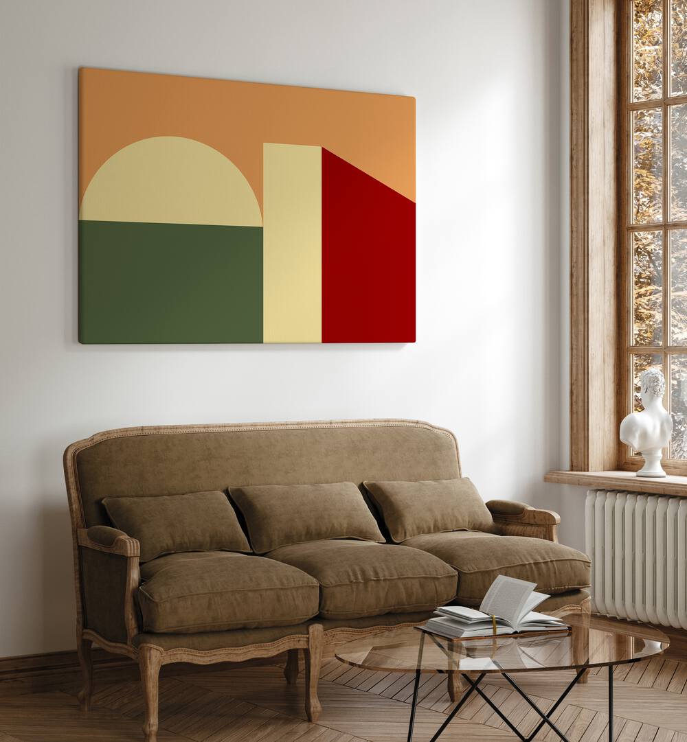 Stylish MODERN TERRA SHAPES, GEOMETRIC ART PRINTS enhance this cozy living room with contemporary elegance.
