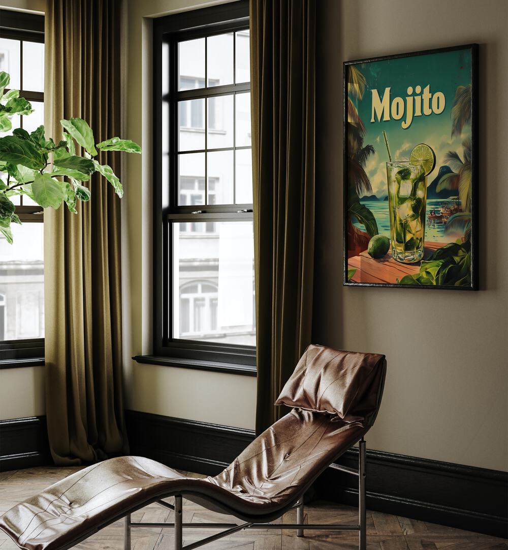 Vintage MOJITO art enhances a cozy bar space, blending classic charm with modern elegance for a timeless look.