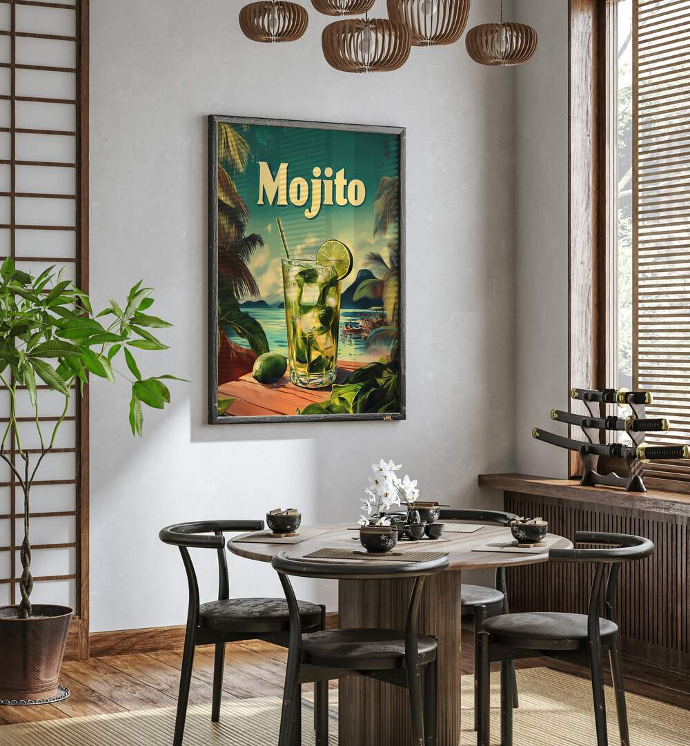 Stylish MOJITO VINTAGE, BAR art decorates a modern cafe, blending classic charm with a nostalgic touch.