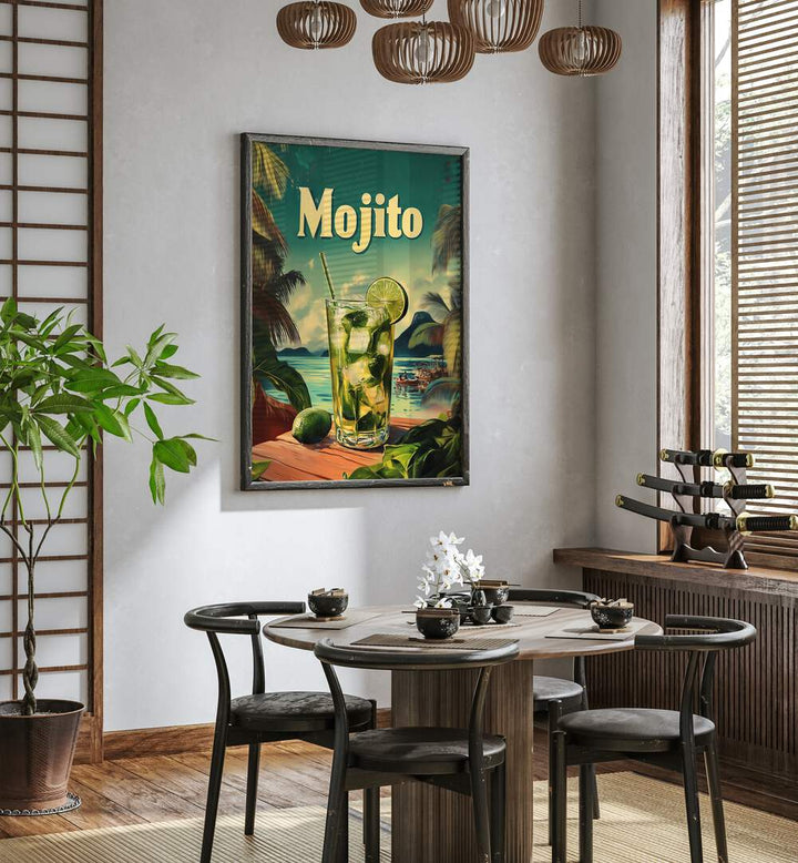 Stylish MOJITO VINTAGE, BAR art decorates a modern cafe, blending classic charm with a nostalgic touch.