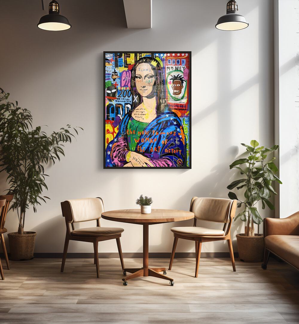 Monalisa Iconic Pop Artwork in black plain on white wall frame for living room