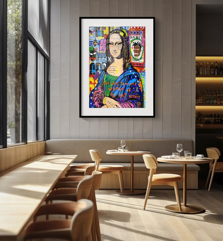 Monalisa Iconic Pop Artwork in black mount frame behind beige sofa for cafe