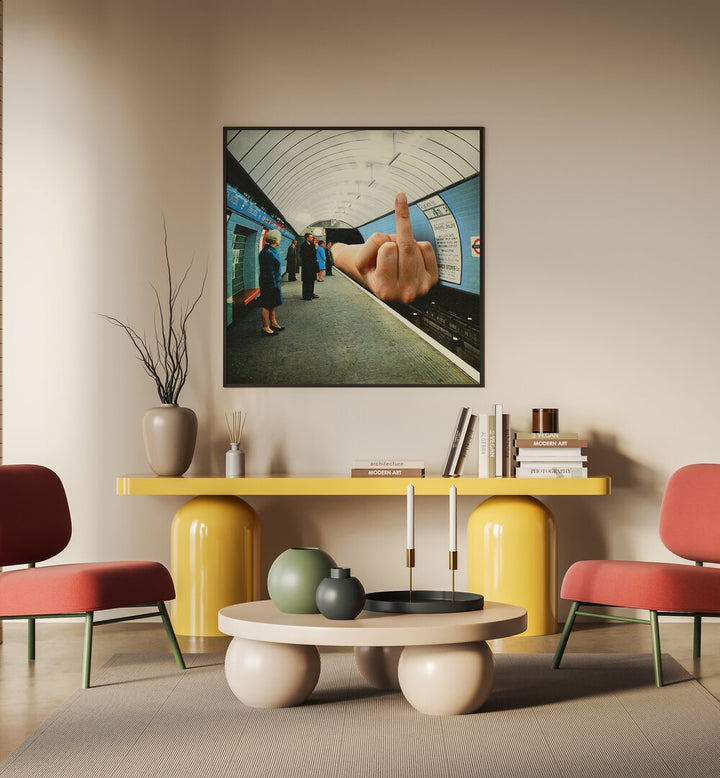 Monday Mood Surreal Surreal Art Painting Artwork in plain back frame above a table on a beige wall