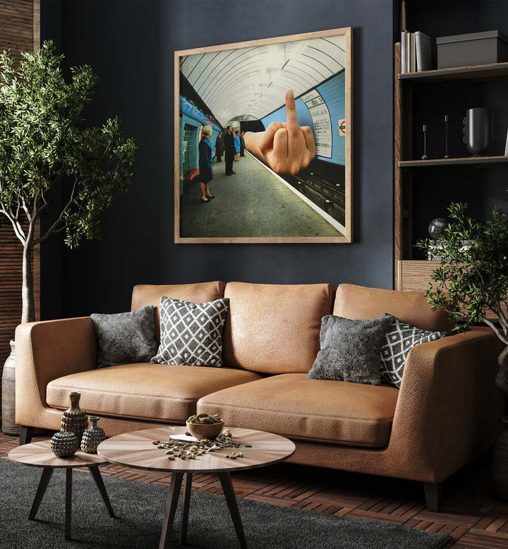 Monday Mood Surreal Surreal Art Painting Artwork in plain oakwood frame behind a sofa for living room