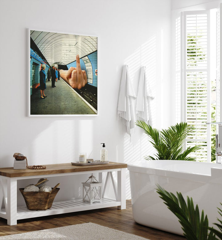 Monday Mood Surreal Surreal Art Painting Artwork in plain white frame above a table for bathroom